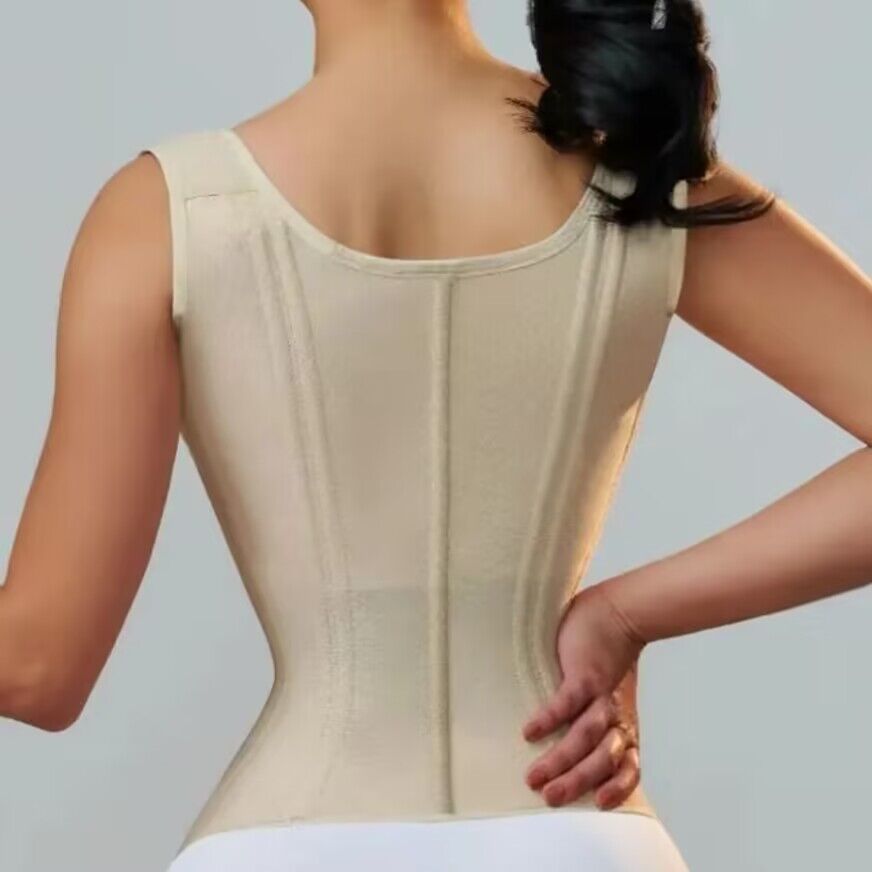 Back view of AKIMS Double-Compression Waist Trainer Corset Steel-Boned, beige — AKIMS