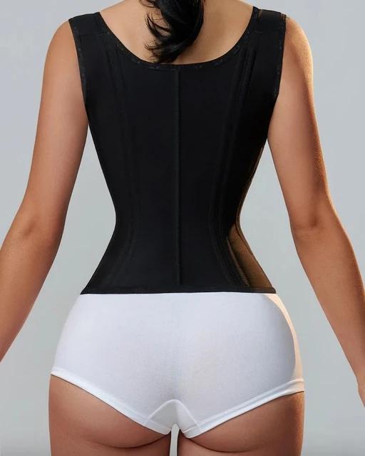 Back view of AKIMS Double-Compression Waist Trainer Corset Steel-Boned, black — AKIMS