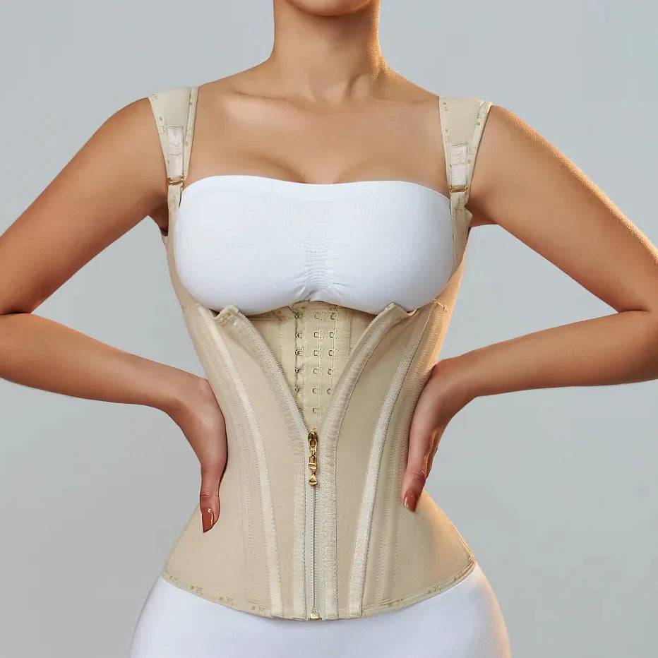Front view of AKIMS Double-Compression Waist Trainer Corset Steel-Boned showing hook-and-eye and zipper closure, beige — AKIMS
