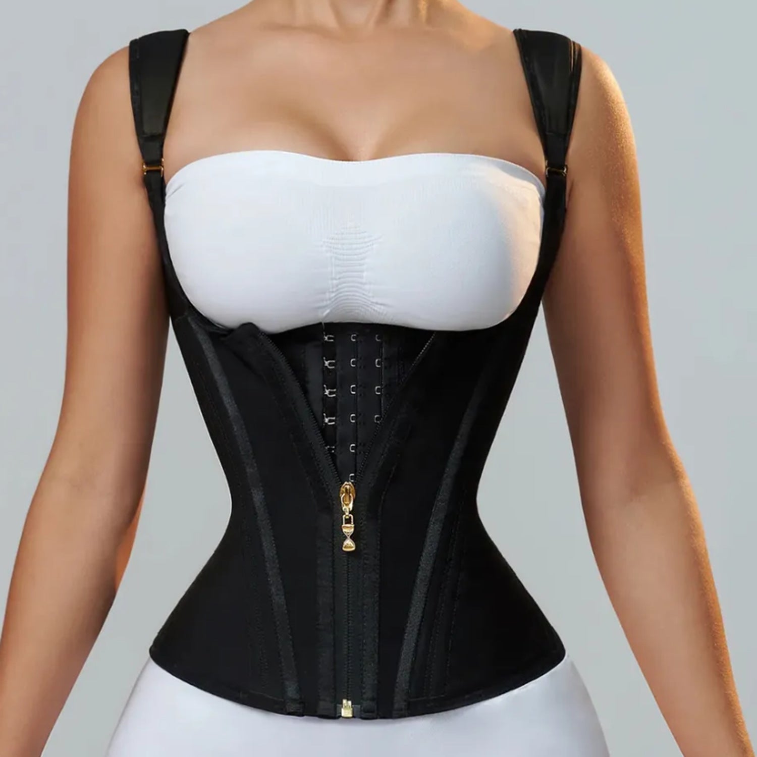 Front view of AKIMS Double-Compression Waist Trainer Corset Steel-Boned with hook-and-eye and zipper closure detail, black — AKIMS