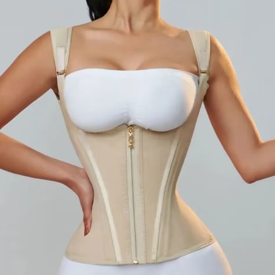 Front view of AKIMS Double-Compression Waist Trainer Corset Steel-Boned with all closures applied, beige — AKIMS