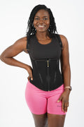 Front view of AKIMS Double-Compression Waist Trainer Corset Steel-Boned with all closures applied, black — AKIMS